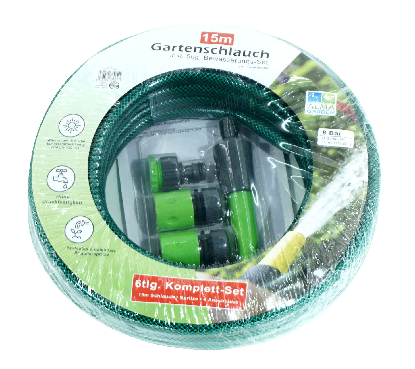 6tlg. Set Gartenschlauch 15m 1/2 Zoll + Anschlüsse Garten Spritze Wasserschlauch