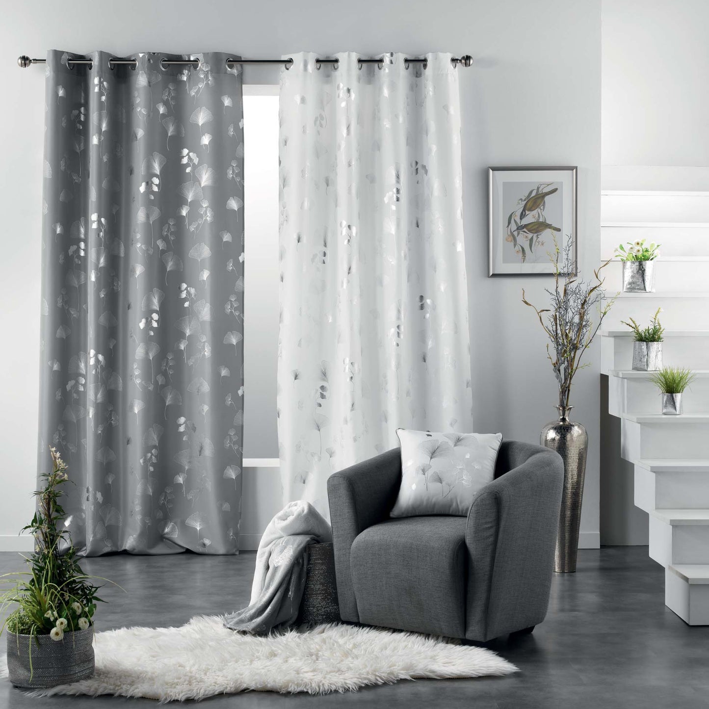 Ösenschal Vorhang 140x260 Gardine Schal Ösen Blattdruck halbtransparent Gardine