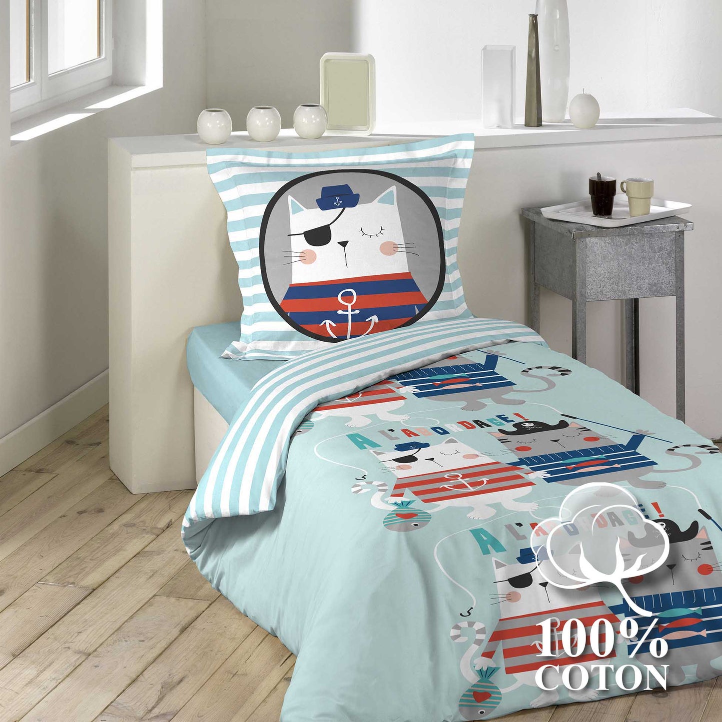 Jungen Wende Bettwäsche Pirat 140x200 Baumwolle Bettdecke Bettgarnitur blau bunt