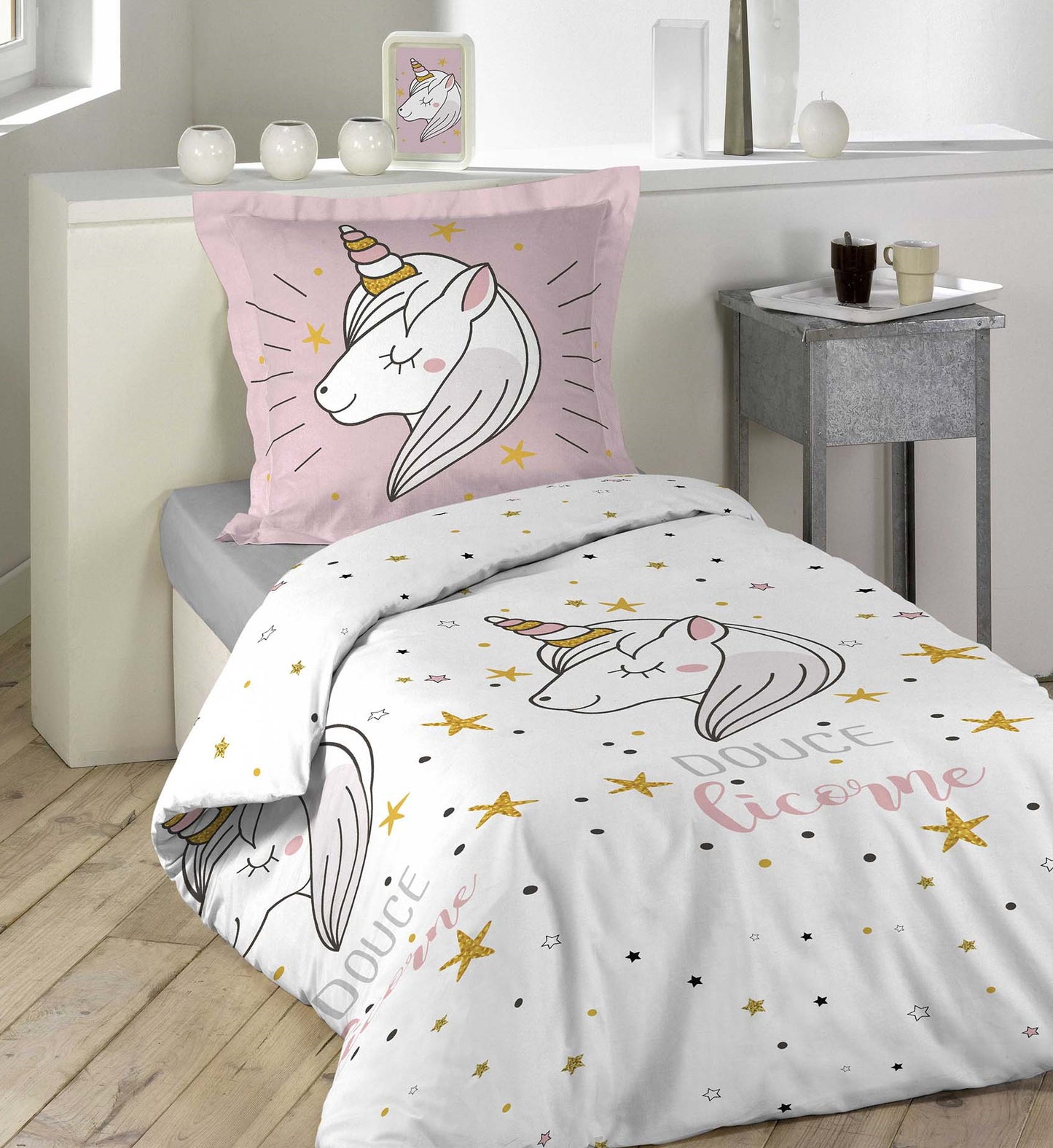 2tlg. Mädchen Bettwäsche 140x200cm Einhorn Baumwolle Bettdecke Bettgarnitur rosa