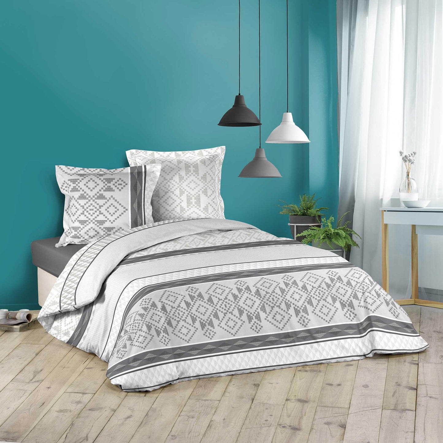 3tlg. Landhaus Bettwäsche 240x220 Bettdecke Set Garnitur Kissen Übergröße grau