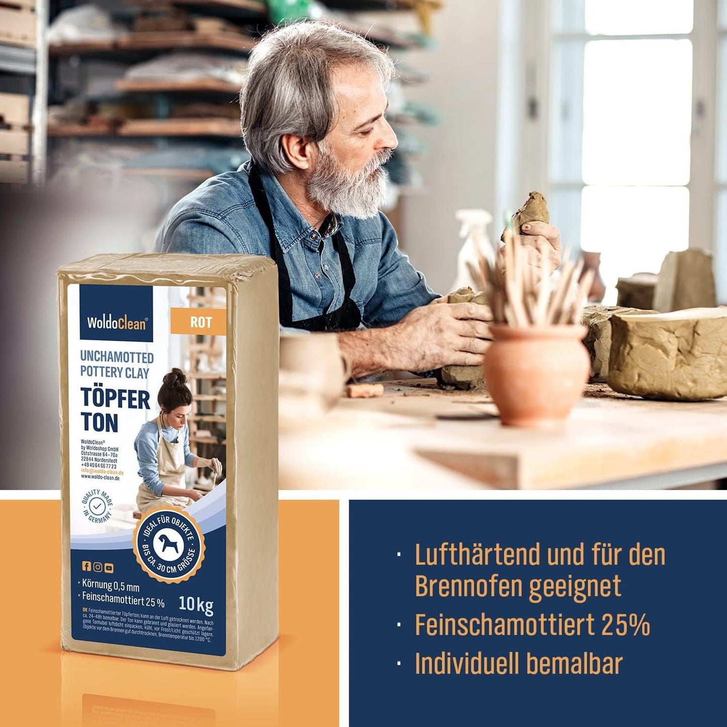 Töpferton 10kg rot lufttrocknend 0,5mm feinschamottiert 25% töpfern Ton Tonmasse