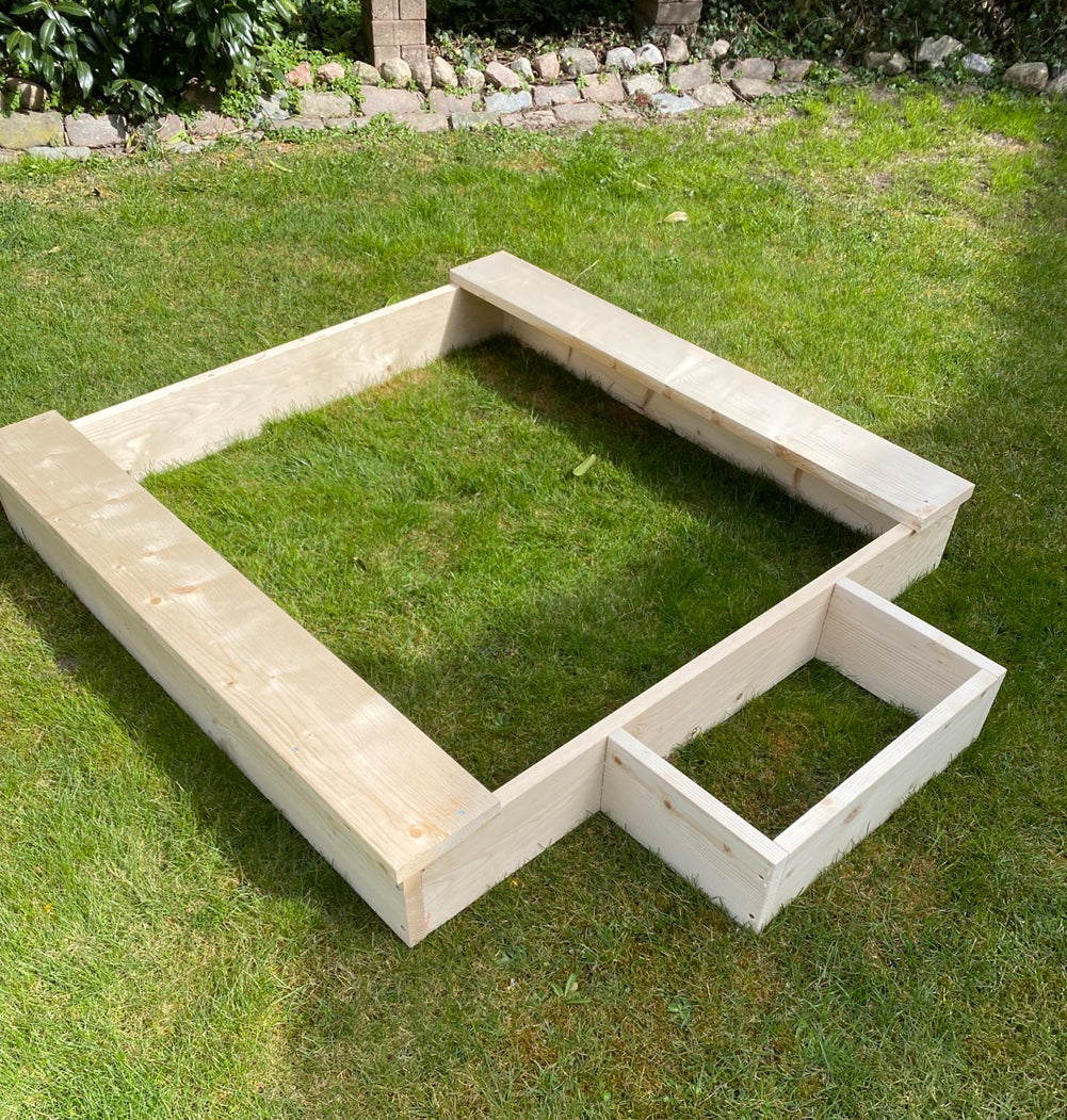 Sandkasten 130x130 cm Holz Natur mit Sitzbänken Sandbox Sandkiste Matschfach