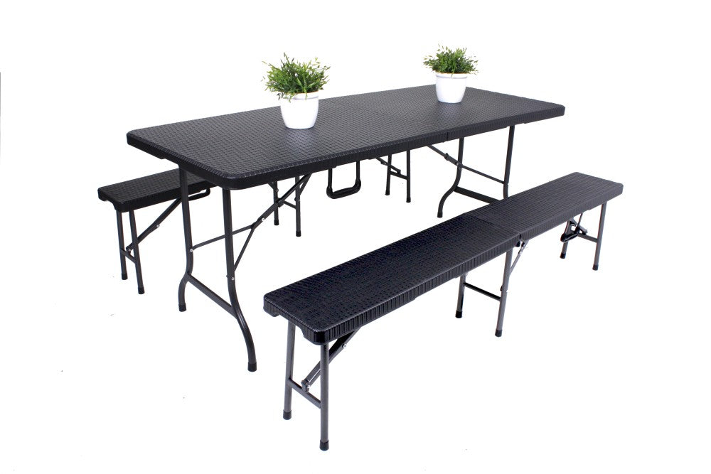 3tlg. Gartentisch Set Sitzgruppe Bank Bänke Esstisch Tisch Rattan Optik schwarz