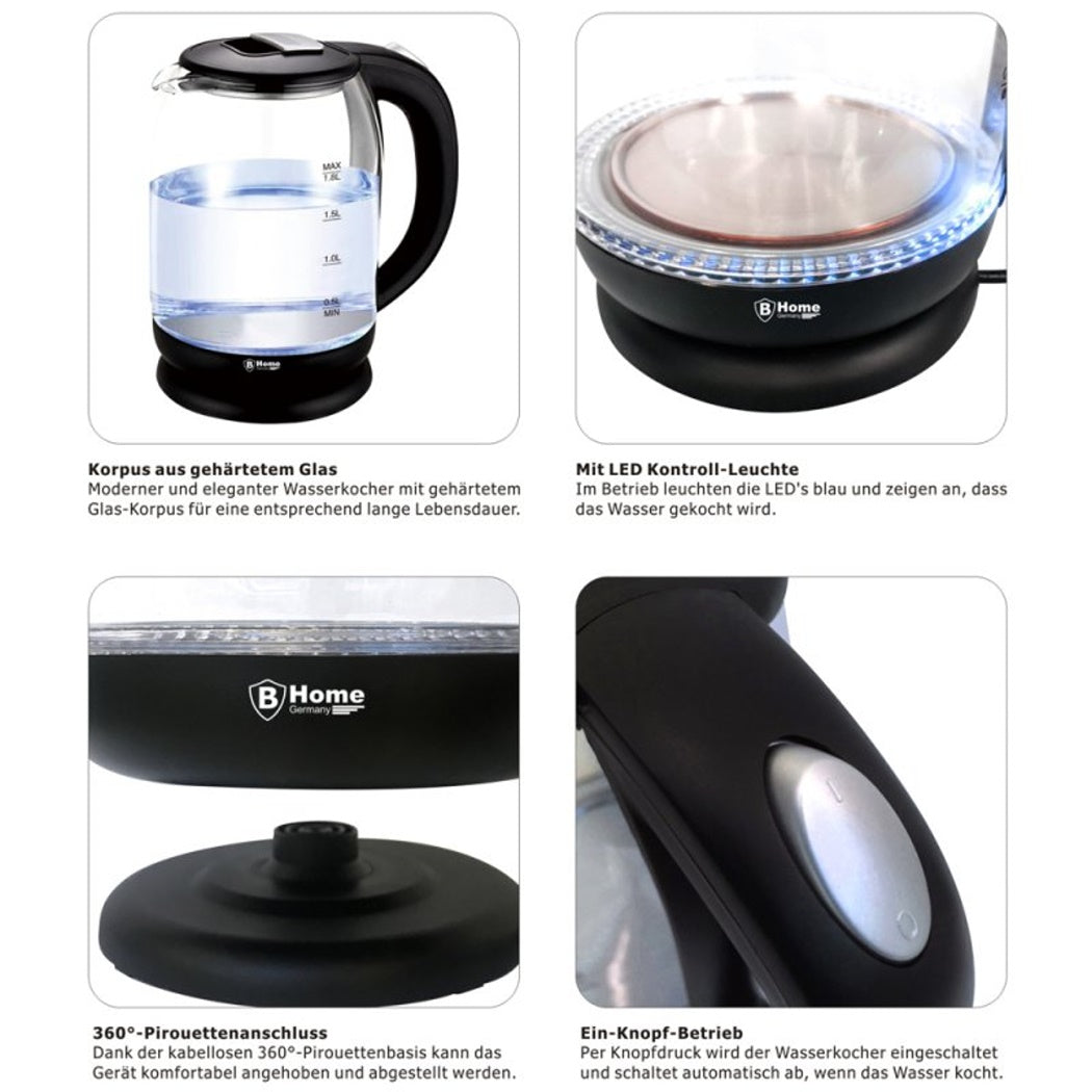 Glas LED Wasserkocher 1,8 L Edelstahl Teekocher Heißwasser Tee kabellos 1500W