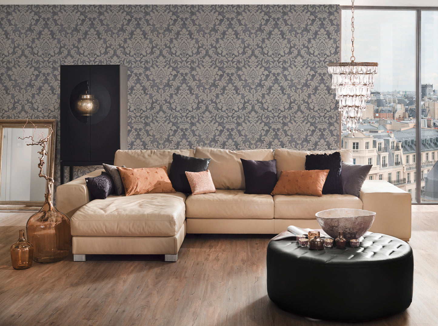 Livingwalls Barock Vintage Vinyl Tapete Trendwall Grau Glitzer Wandtapete