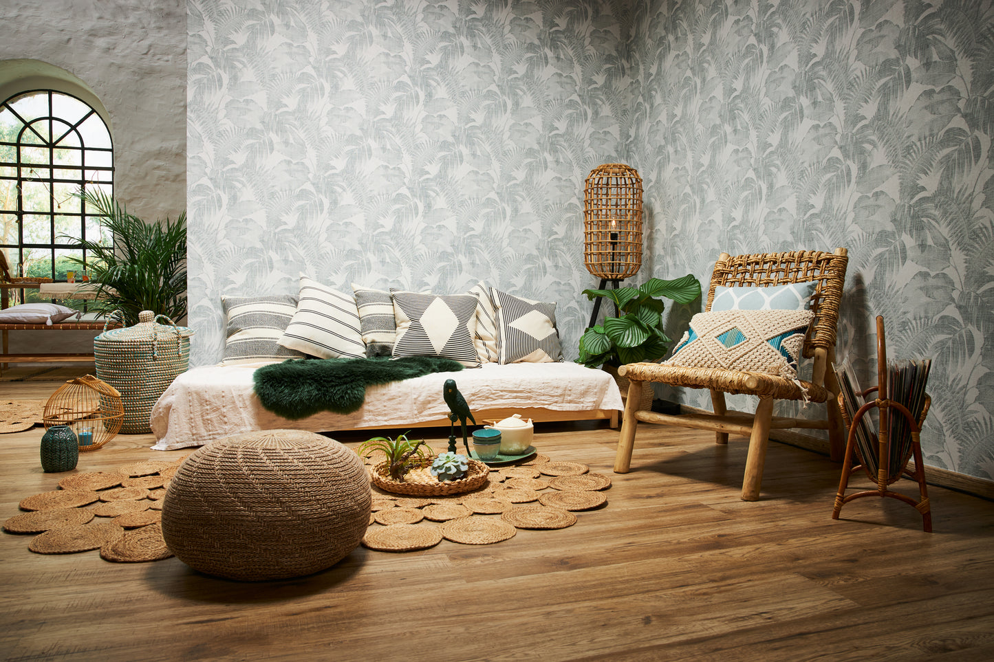 Livingwalls Dschungel Vinyl Tapete New Walls,Cosy & Rela Grün Palmen Wandtapete