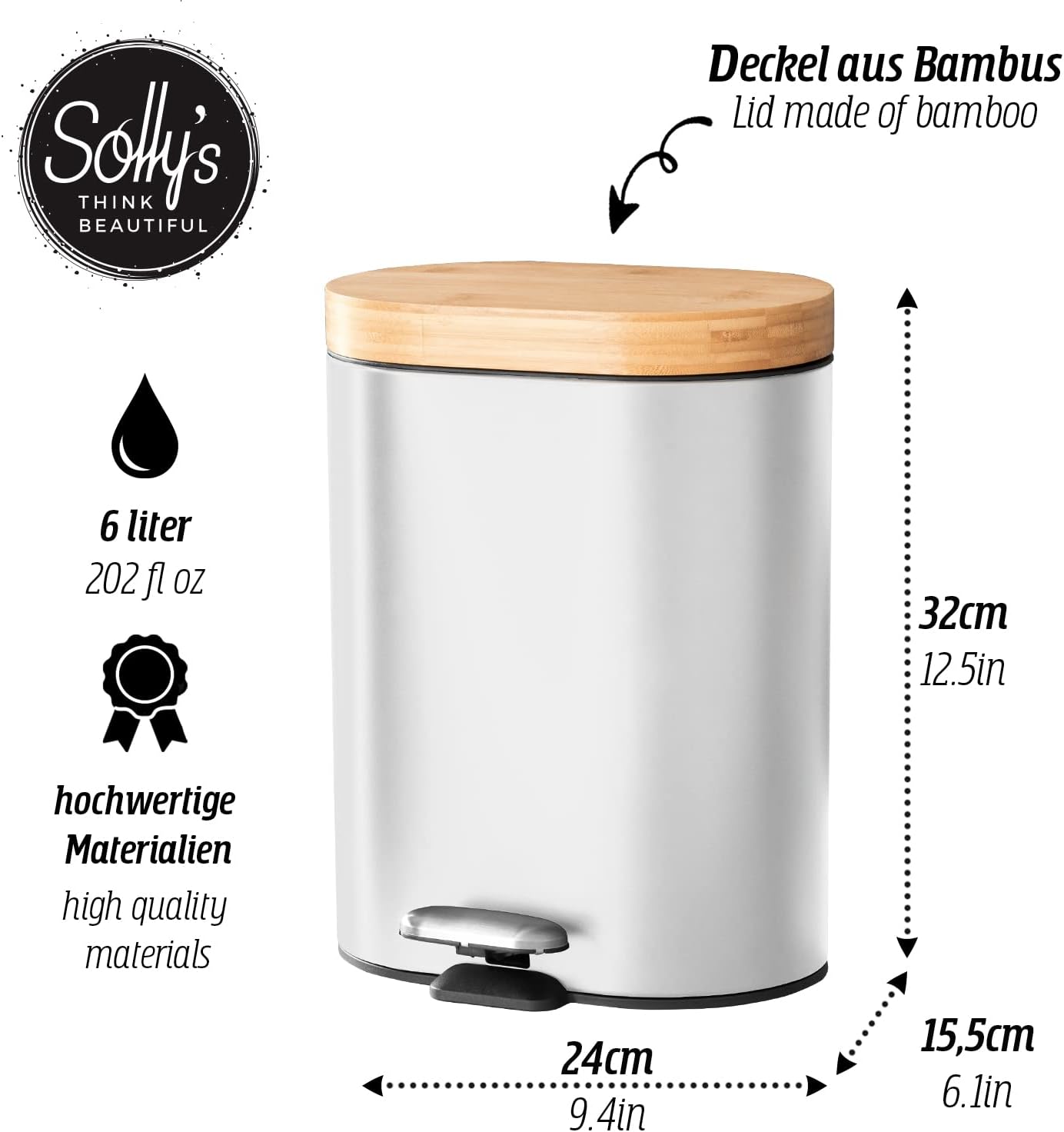 6L Kosmetikeimer Bambus Deckel Bad Treteimer mit Absenkautomatik Mülleimer