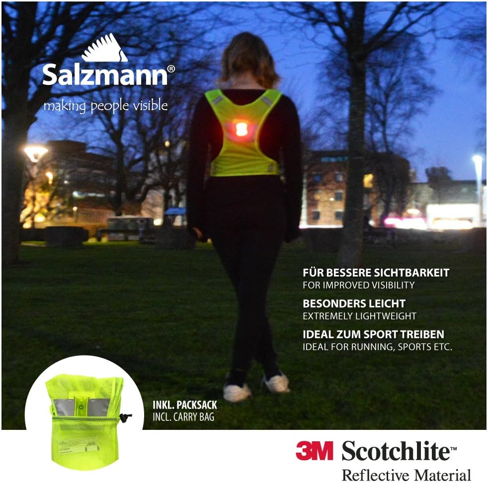 Salzmann Neon Laufweste mit LED Licht Scotchlite Reflektoren Weste Joggen Laufen