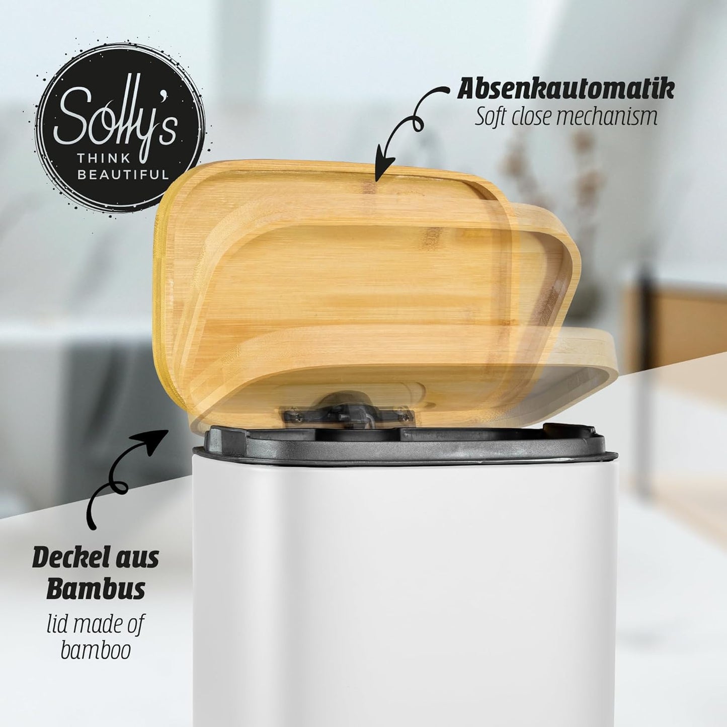 5L Kosmetikeimer Bambus Deckel Bad Treteimer mit Absenkautomatik Mülleimer
