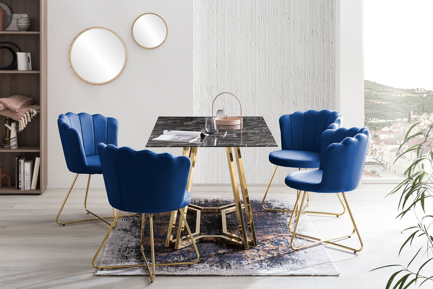 Muschelstuhl Samt 2er Set blau Polsterstuhl Esszimmerstuhl Küche Stuhl Stühle