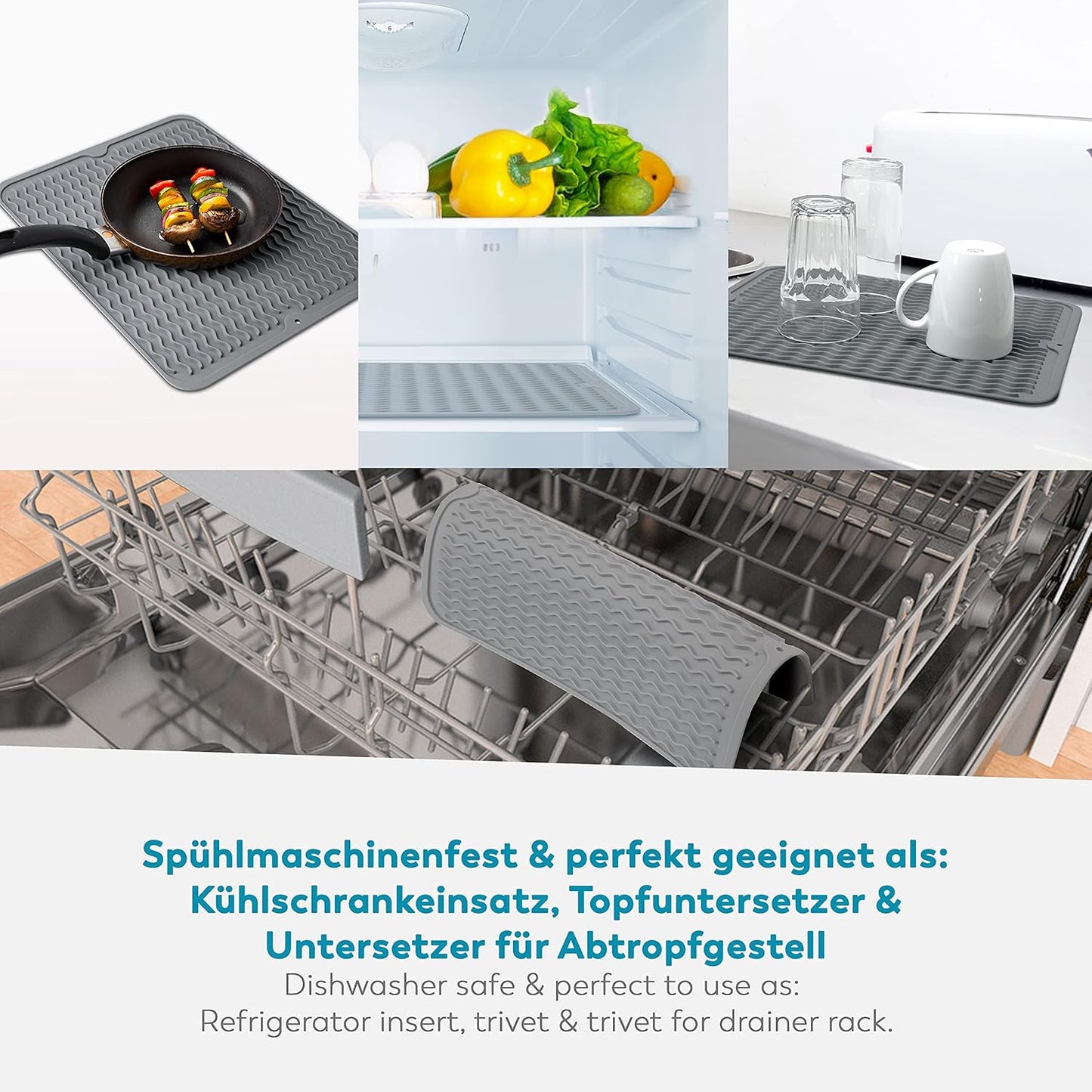 RUBBERNECK Hitzebeständige Abtropfmatte aus Silikon - Größe: L, Farbe: hellgrau