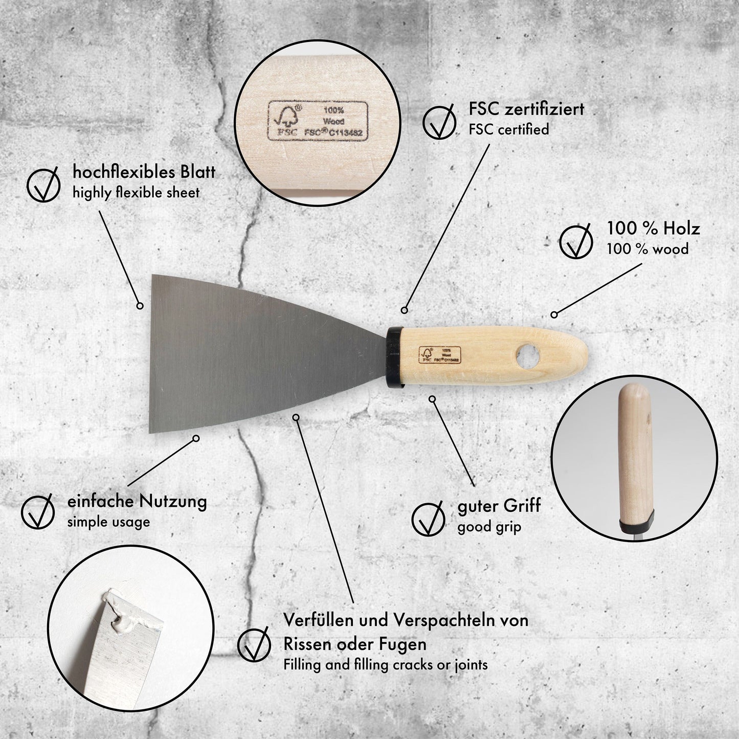 Malerspachtel 80 mm Spachtel Gipsspachtel Holzgriff Stahlblatt