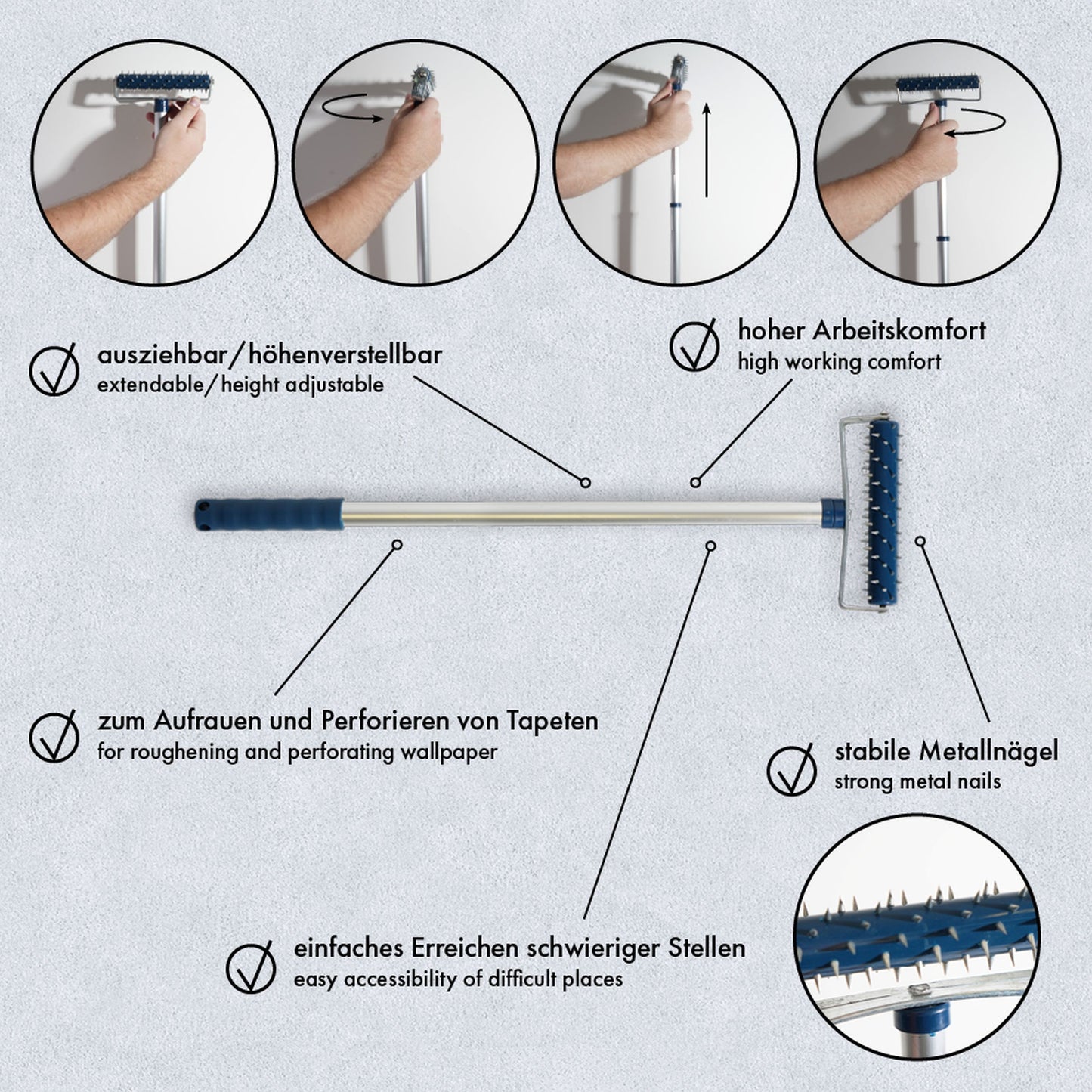 Teleskop-Igelwalze Stachelwalze ausziehbar Nagelwalze Entlüfter Walze 54-98 cm