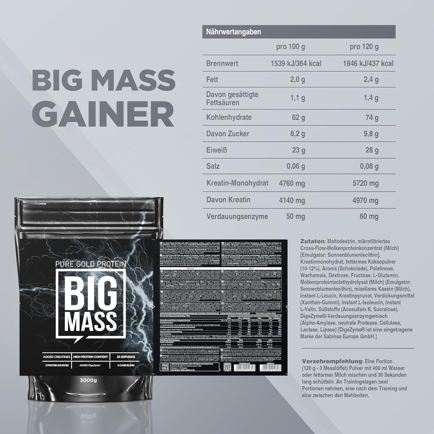 Pure Gold Big Mass Protein Kreatin Pulver 3kg Schokolade Shake Muskelaufbau