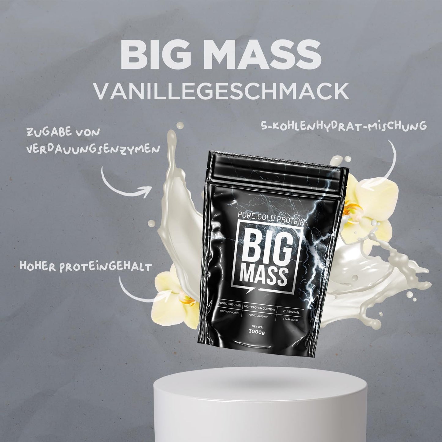 Pure Gold Big Mass Protein Kreatin Pulver 3kg Vanille Shake Muskelaufbau Fitness