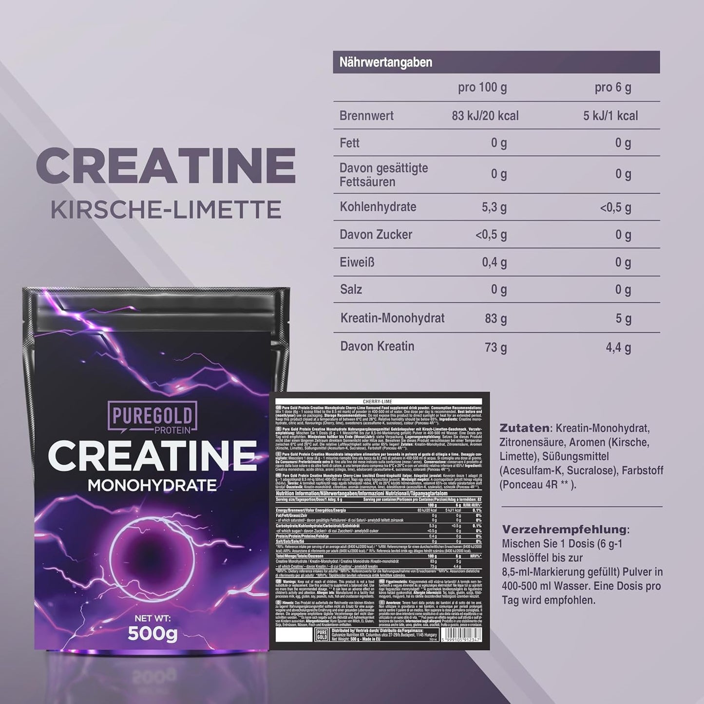 Pure Gold Kreatin Monohydrat Protein Pulver 500g Kirsch Limette Muskelaufbau
