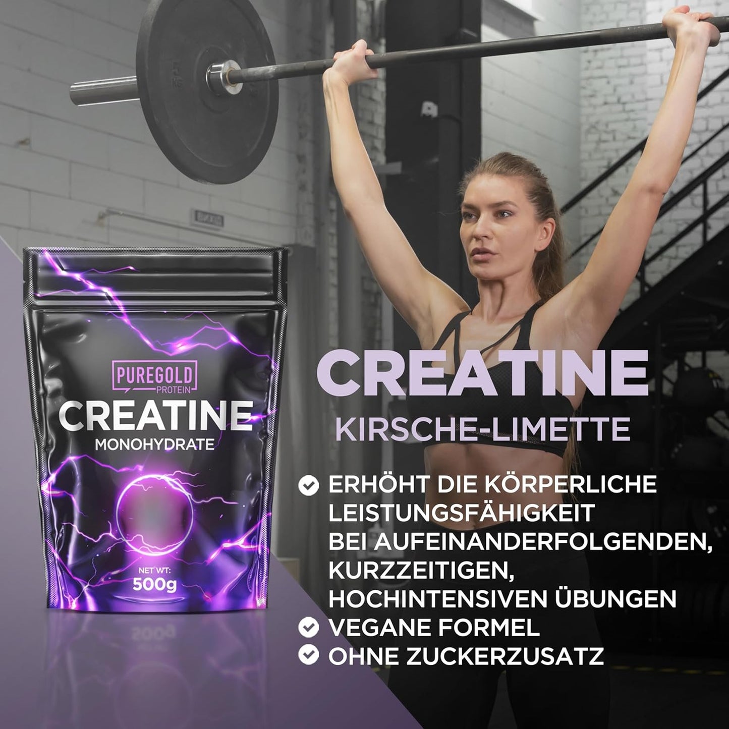 Pure Gold Kreatin Monohydrat Protein Pulver 500g Kirsch Limette Muskelaufbau