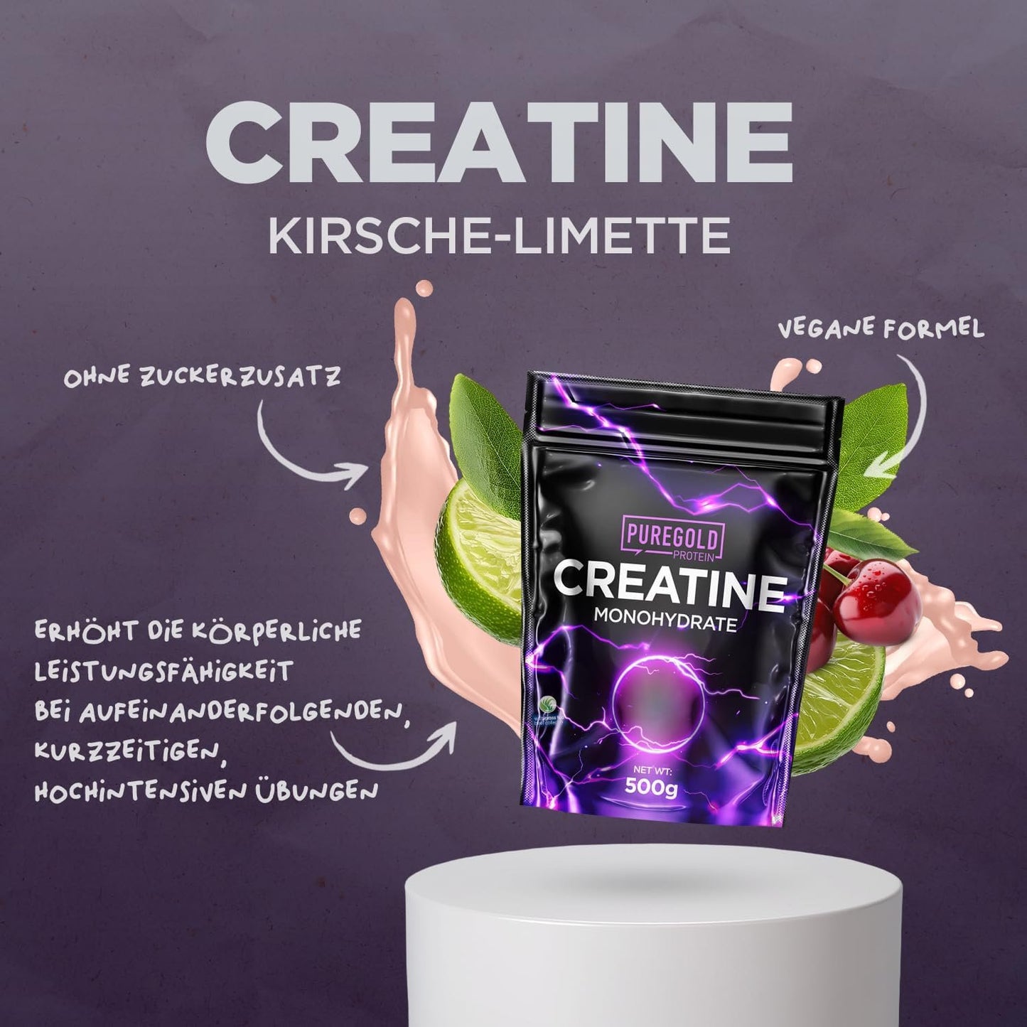 Pure Gold Kreatin Monohydrat Protein Pulver 500g Kirsch Limette Muskelaufbau