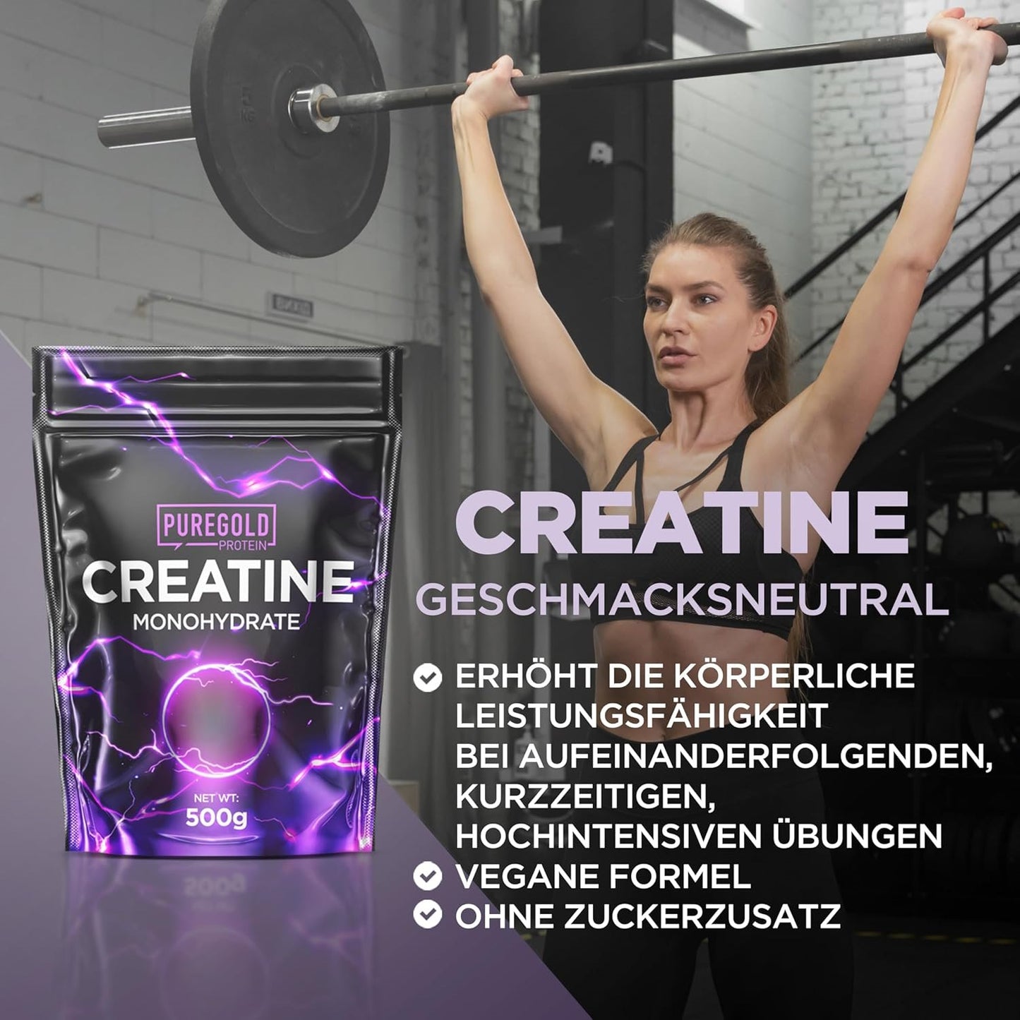 Pure Gold Kreatin Monohydrat Protein Pulver 500g Geschmacksneutral Muskelaufbau