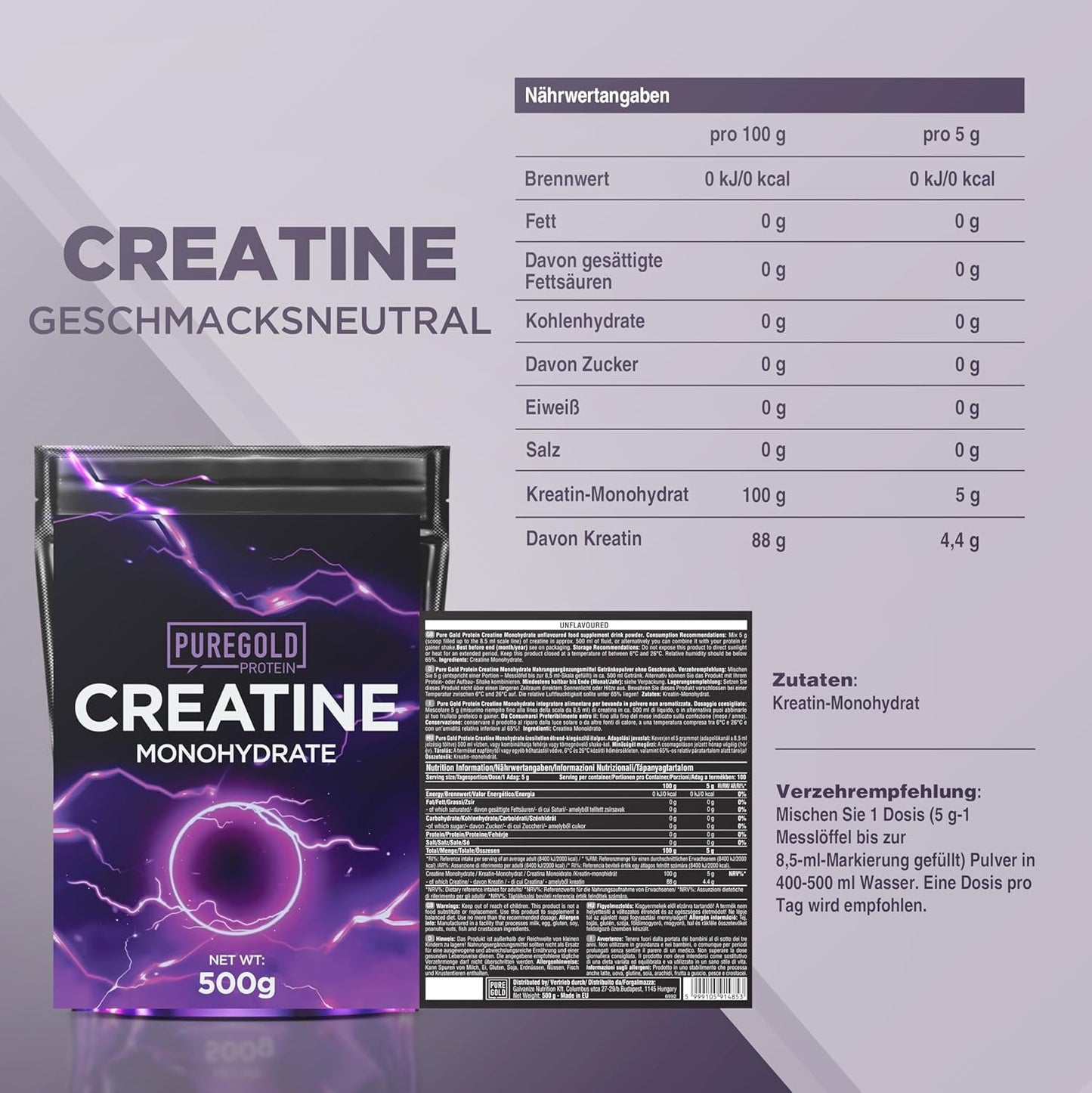 Pure Gold Kreatin Monohydrat Protein Pulver 500g Geschmacksneutral Muskelaufbau