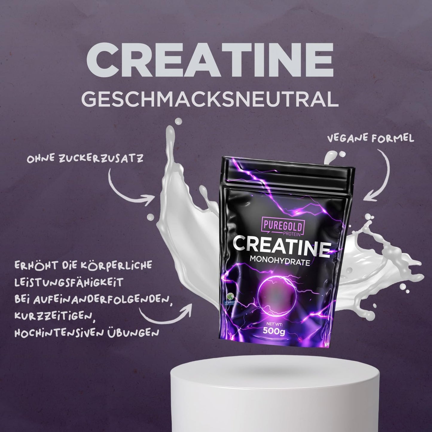 Pure Gold Kreatin Monohydrat Protein Pulver 500g Geschmacksneutral Muskelaufbau