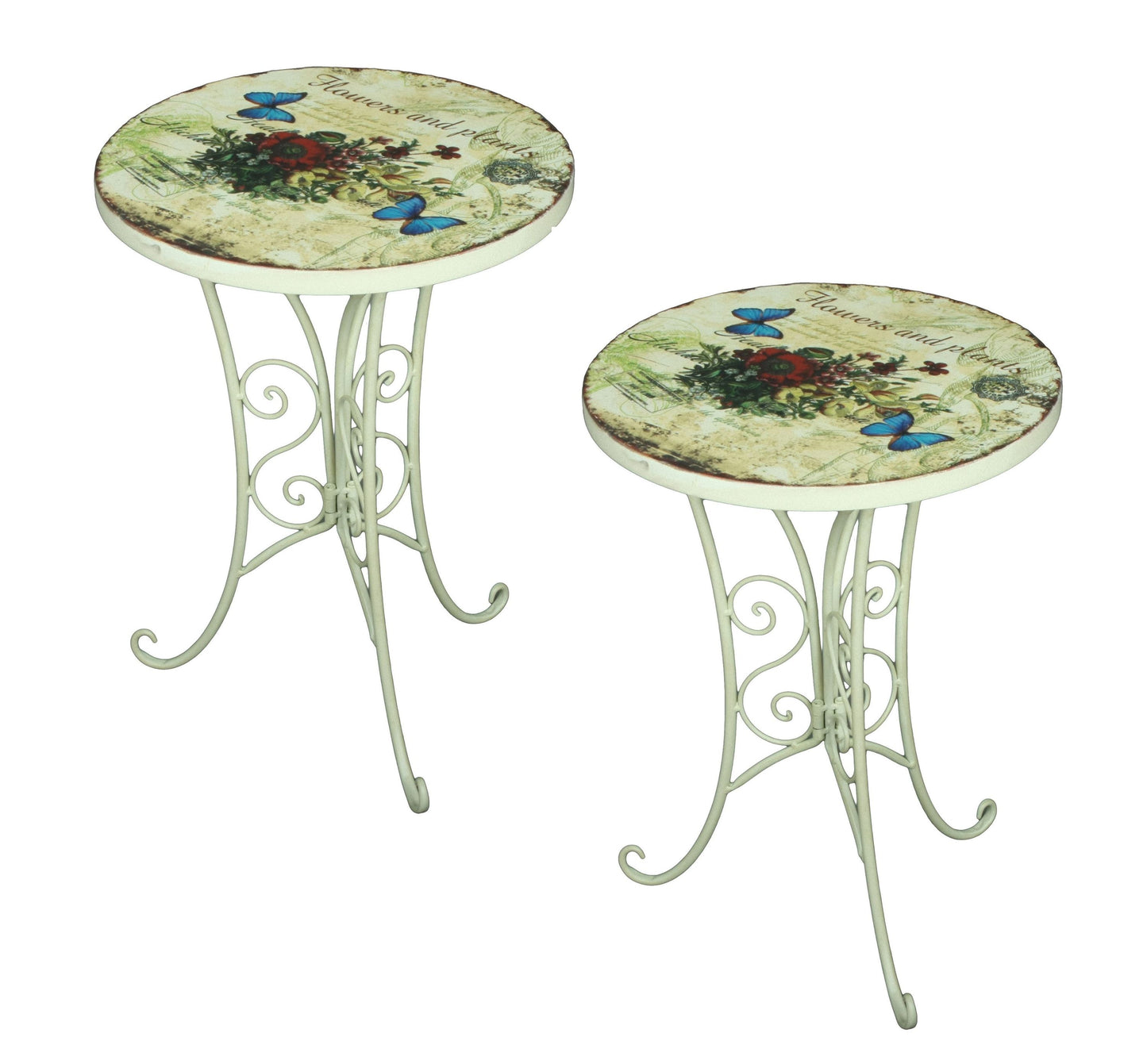 2er Set Beistelltisch FLORAL Garten Balkon Tisch rund Shabby Vintage Stil weiß