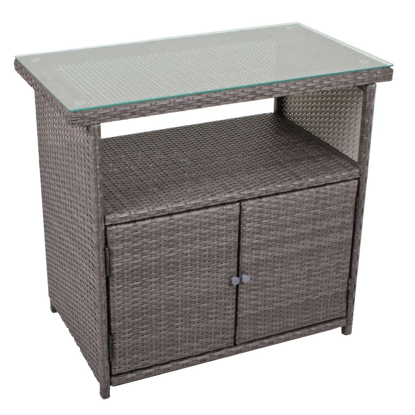 Sideboard m. Glasplatte Rattan Optik Garten Schrank Kommode Stehtisch Tisch