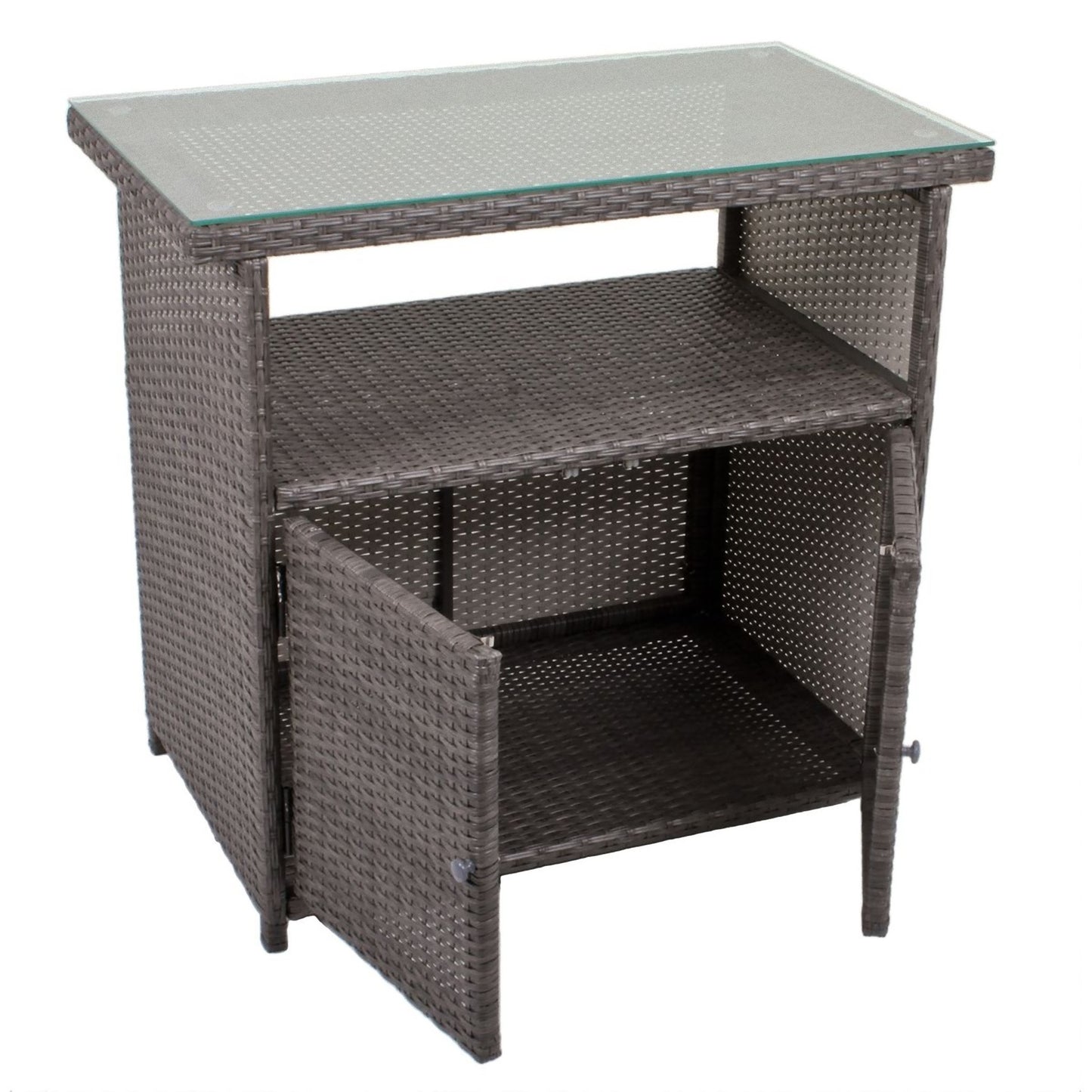Sideboard m. Glasplatte Rattan Optik Garten Schrank Kommode Stehtisch Tisch