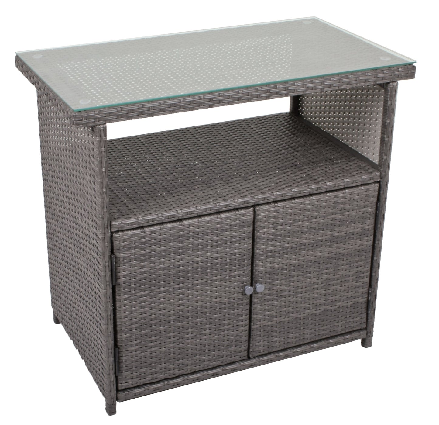 Sideboard m. Glasplatte Rattan Optik Garten Schrank Kommode Stehtisch Tisch