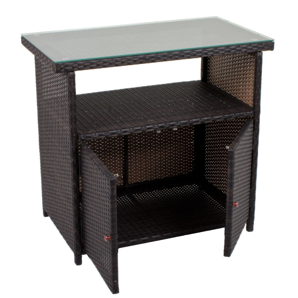 Sideboard m. Glasplatte Rattan Optik Garten Schrank Kommode Stehtisch Tisch