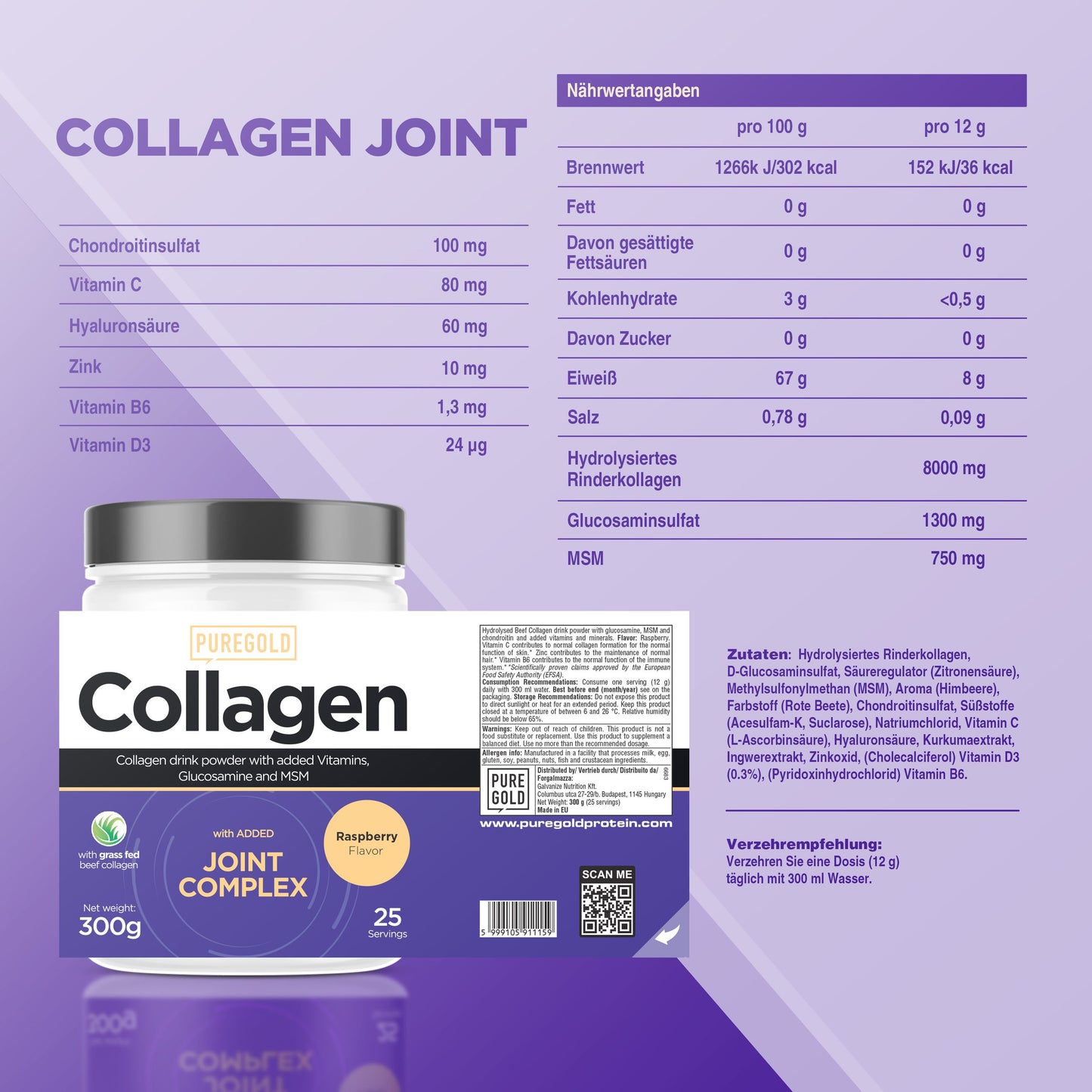 Pure Gold Collagen Pulver Joint Complex 300g Himbeere Kollagen Gelenkkomplex