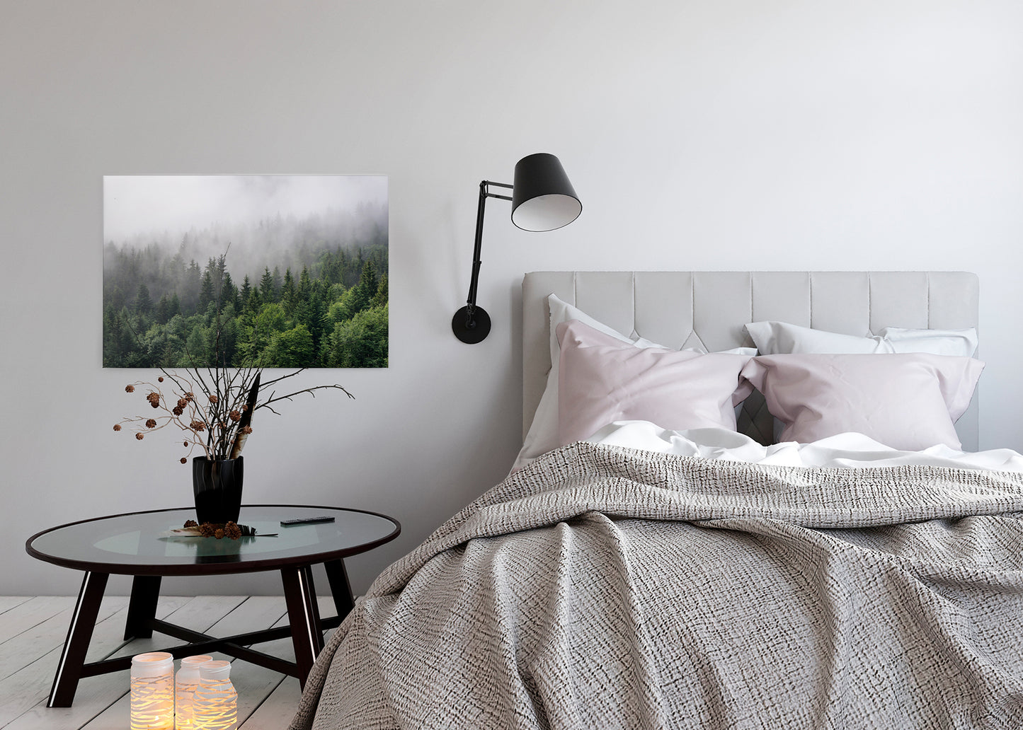 Wald im Nebel Leinwandbild Grün Weiß 90x60 DD120291 Keilrahmenbild Wandbild