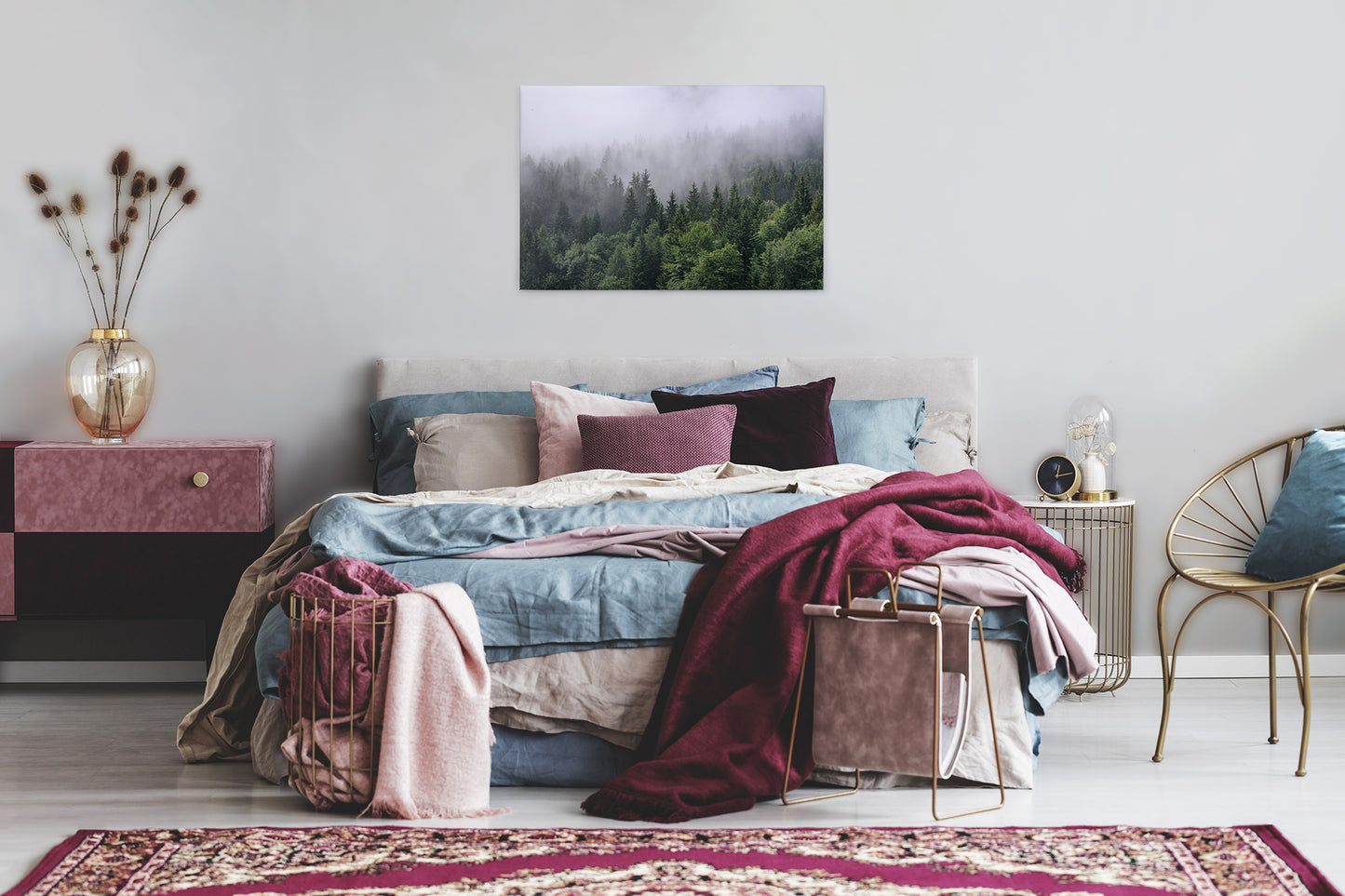 Wald im Nebel Leinwandbild Grün Weiß 90x60 DD120291 Keilrahmenbild Wandbild