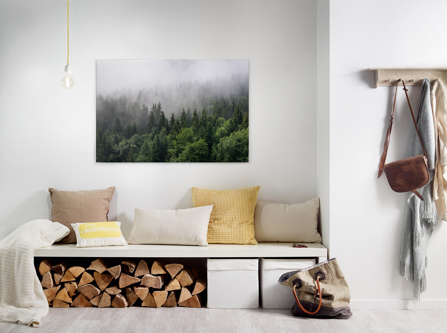 Wald im Nebel Leinwandbild Grün Weiß 90x60 DD120291 Keilrahmenbild Wandbild