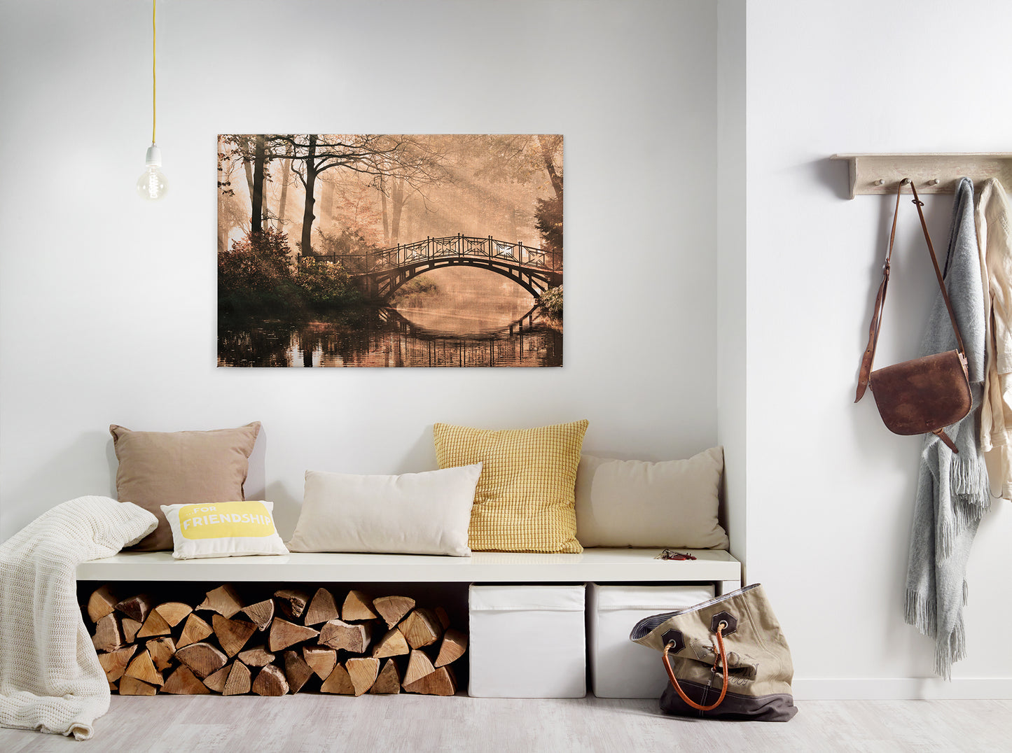 Brücke Leinwandbild Park Beige Braun 90x60 DD120303 Keilrahmen Wandbild Leinwand