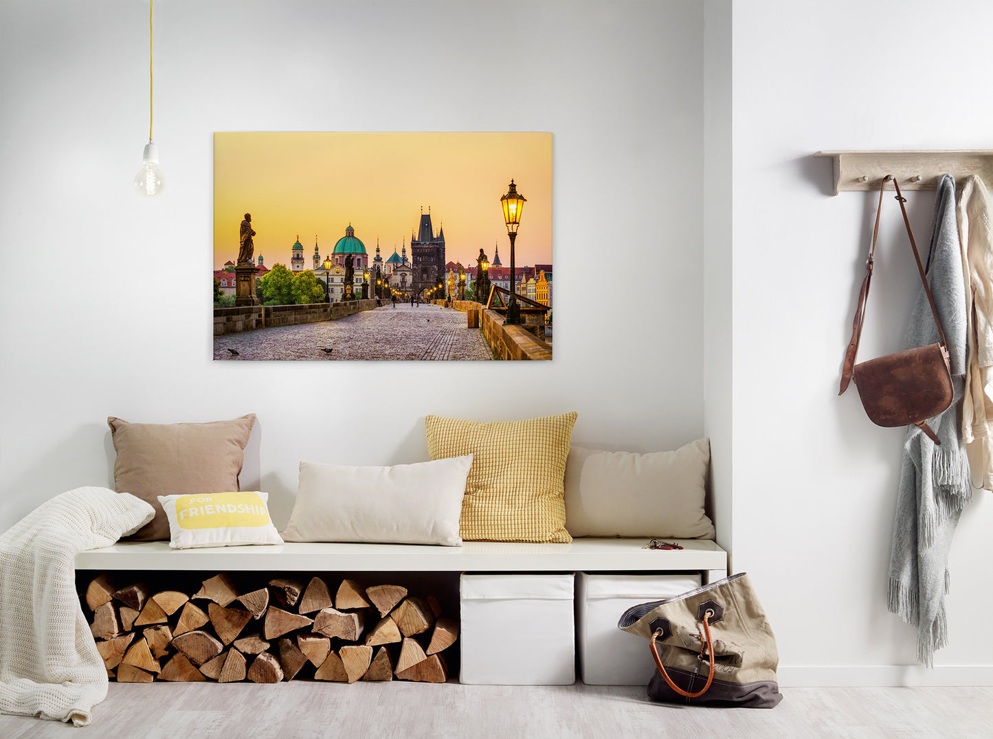 Prag Leinwandbild Karlsbrücke Gelb Beige 90x60 DD120331 Keilrahmen Wandbild