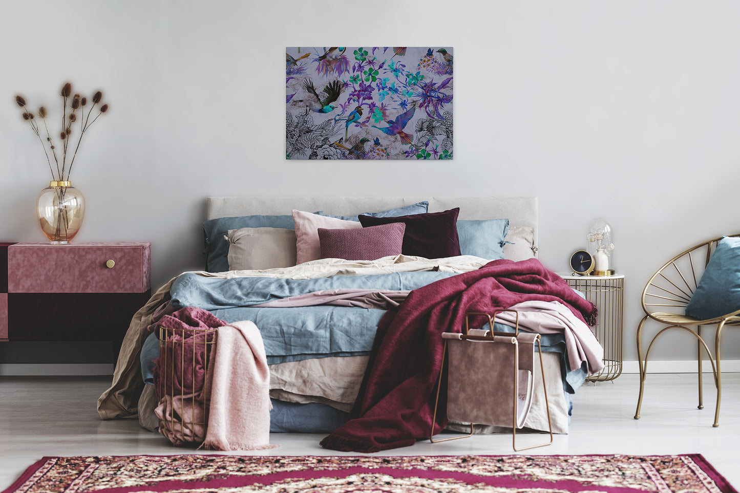 Leinwandbild Vögel Lila Blau Grau 90x60 DD120344 Keilrahmen Wandbild Leinwand