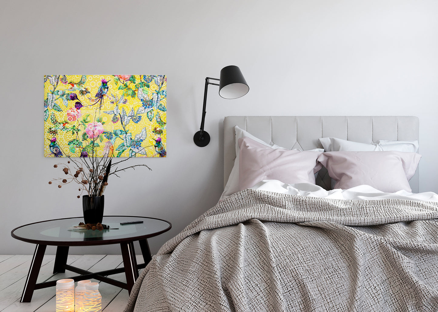 Vögel Leinwandbild Blumen Gelb Grün 90x60 DD120348 Keilrahmen Wandbild Mosaik