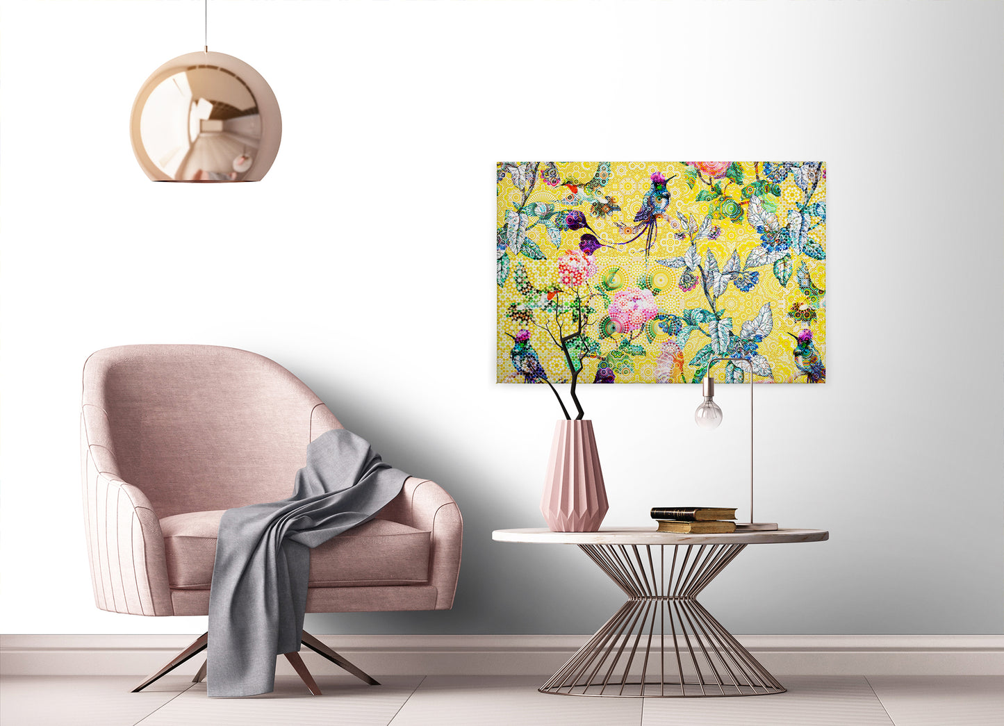 Vögel Leinwandbild Blumen Gelb Grün 90x60 DD120348 Keilrahmen Wandbild Mosaik