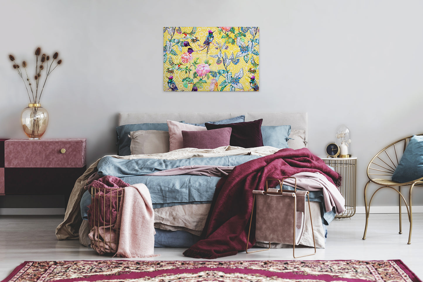 Vögel Leinwandbild Blumen Gelb Grün 90x60 DD120348 Keilrahmen Wandbild Mosaik