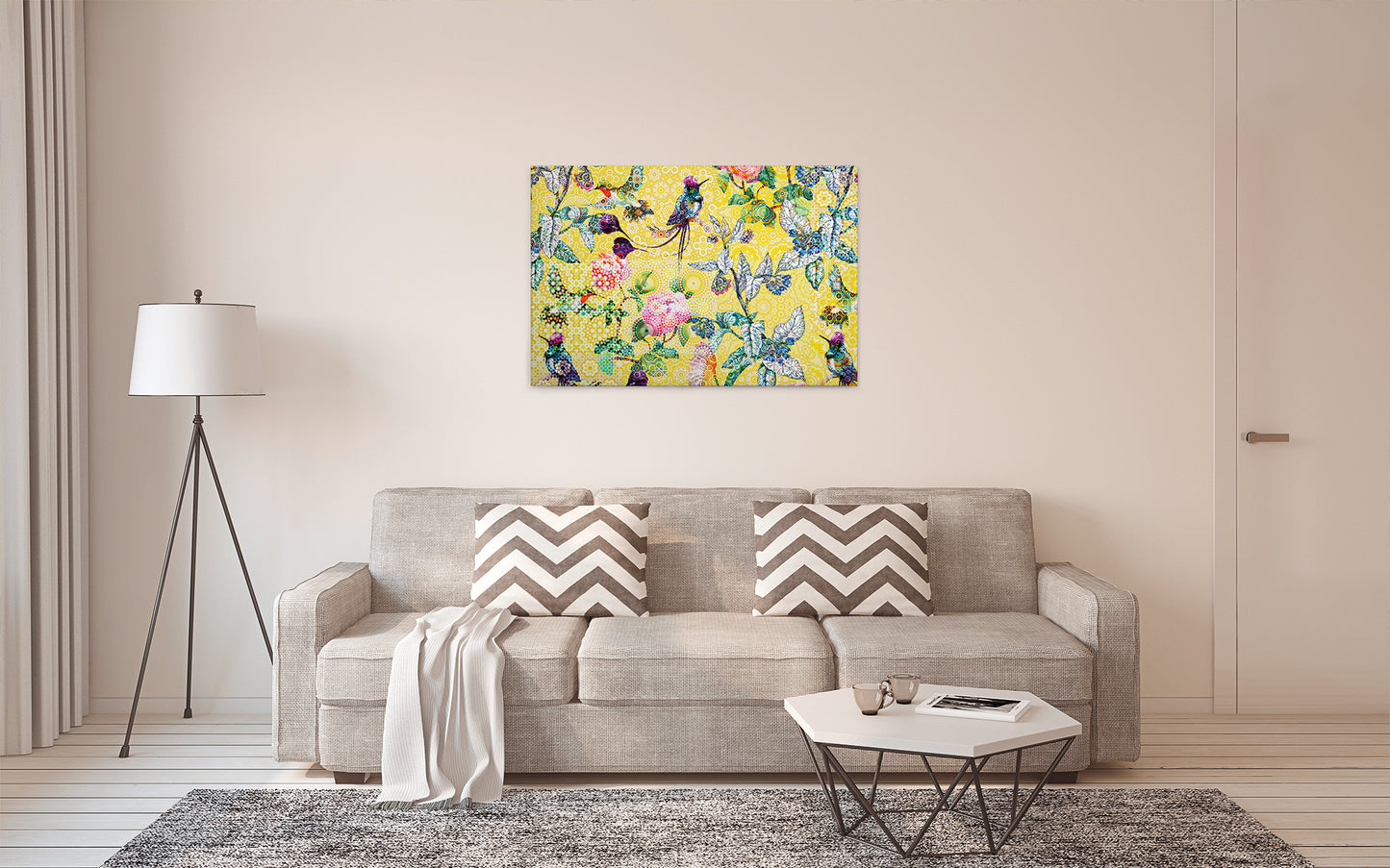 Vögel Leinwandbild Blumen Gelb Grün 90x60 DD120348 Keilrahmen Wandbild Mosaik