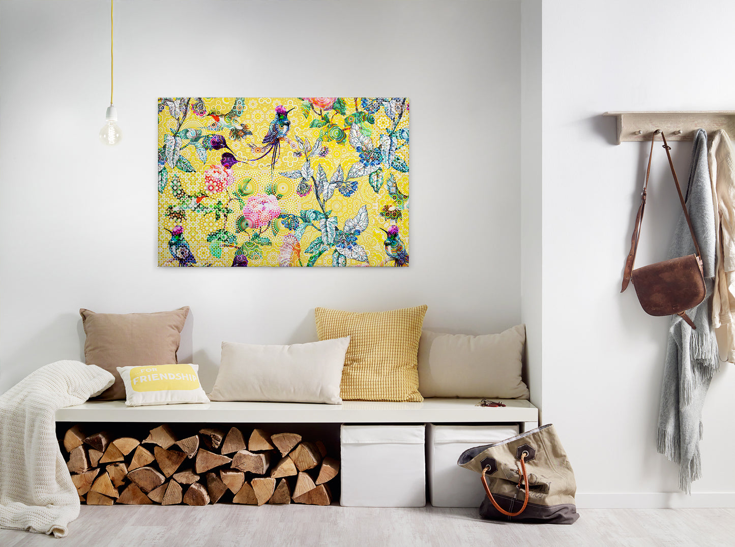 Vögel Leinwandbild Blumen Gelb Grün 90x60 DD120348 Keilrahmen Wandbild Mosaik