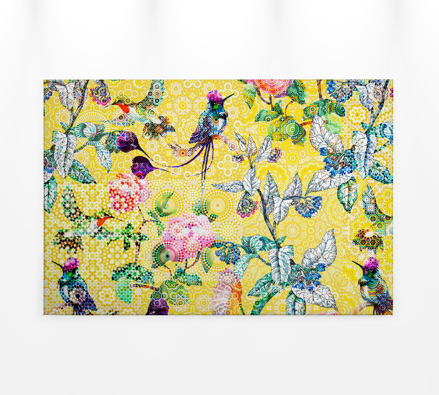 Vögel Leinwandbild Blumen Gelb Grün 90x60 DD120348 Keilrahmen Wandbild Mosaik