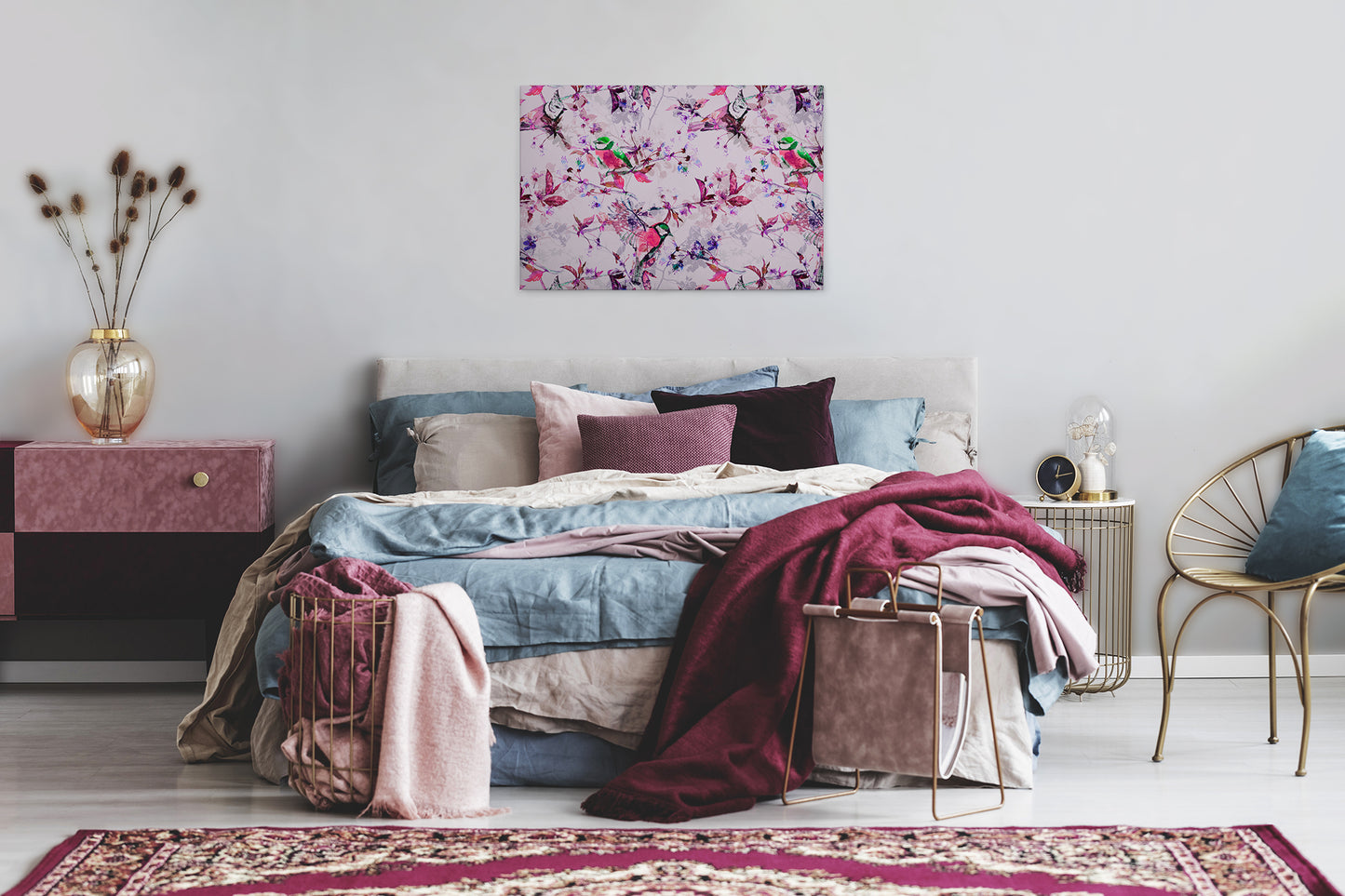 Vögel Leinwandbild Rosa Blau 90x60 DD120350 Keilrahmenbild Wandbild Leinwand