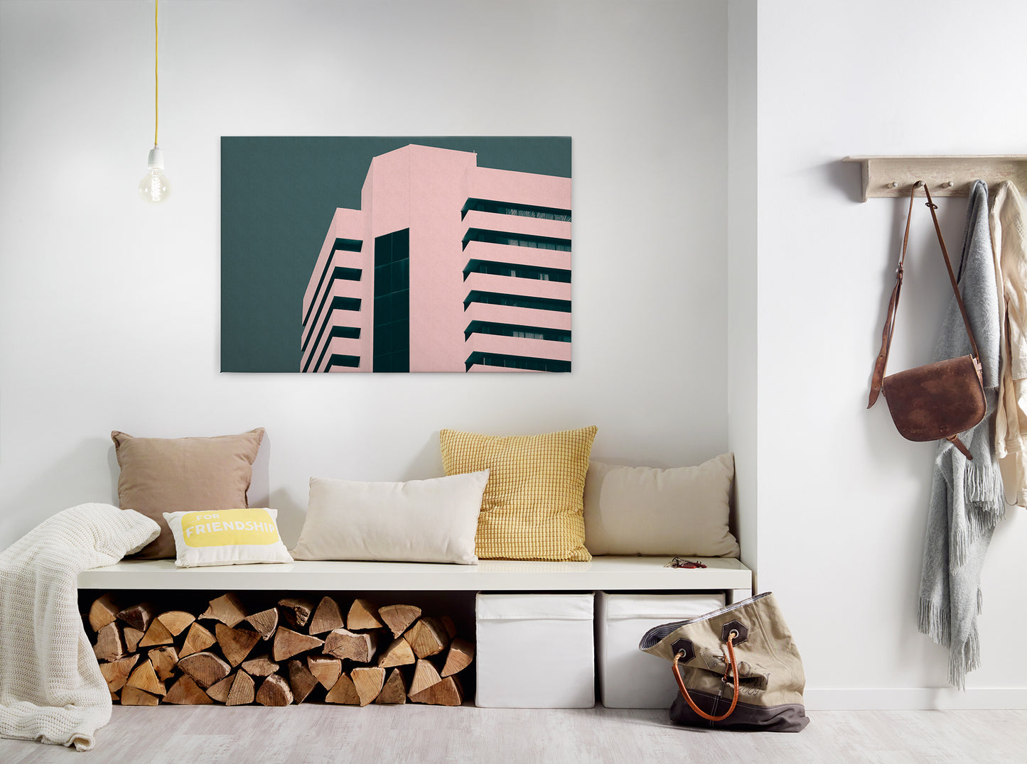 Leinwandbild Haus Rosa Grün 90x60 DD120431 Keilrahmenbild Wandbild Geometrisch