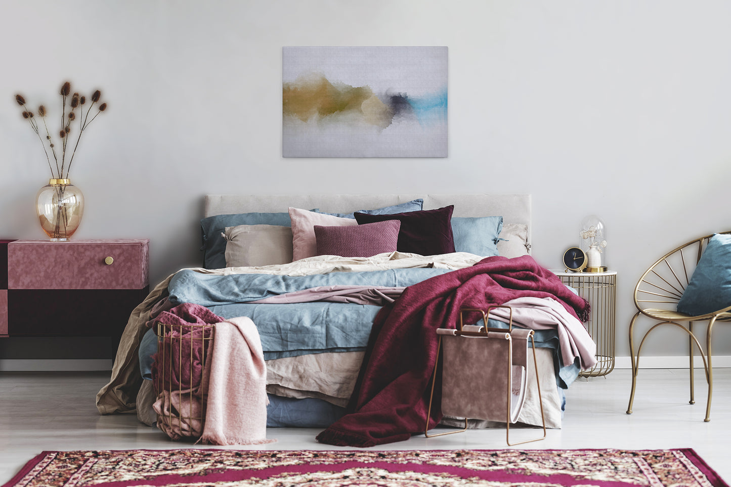 Abstrakte Kunst Leinwandbild Gelb Grau Blau 90x60 DD120502 Wandbild Leinwand