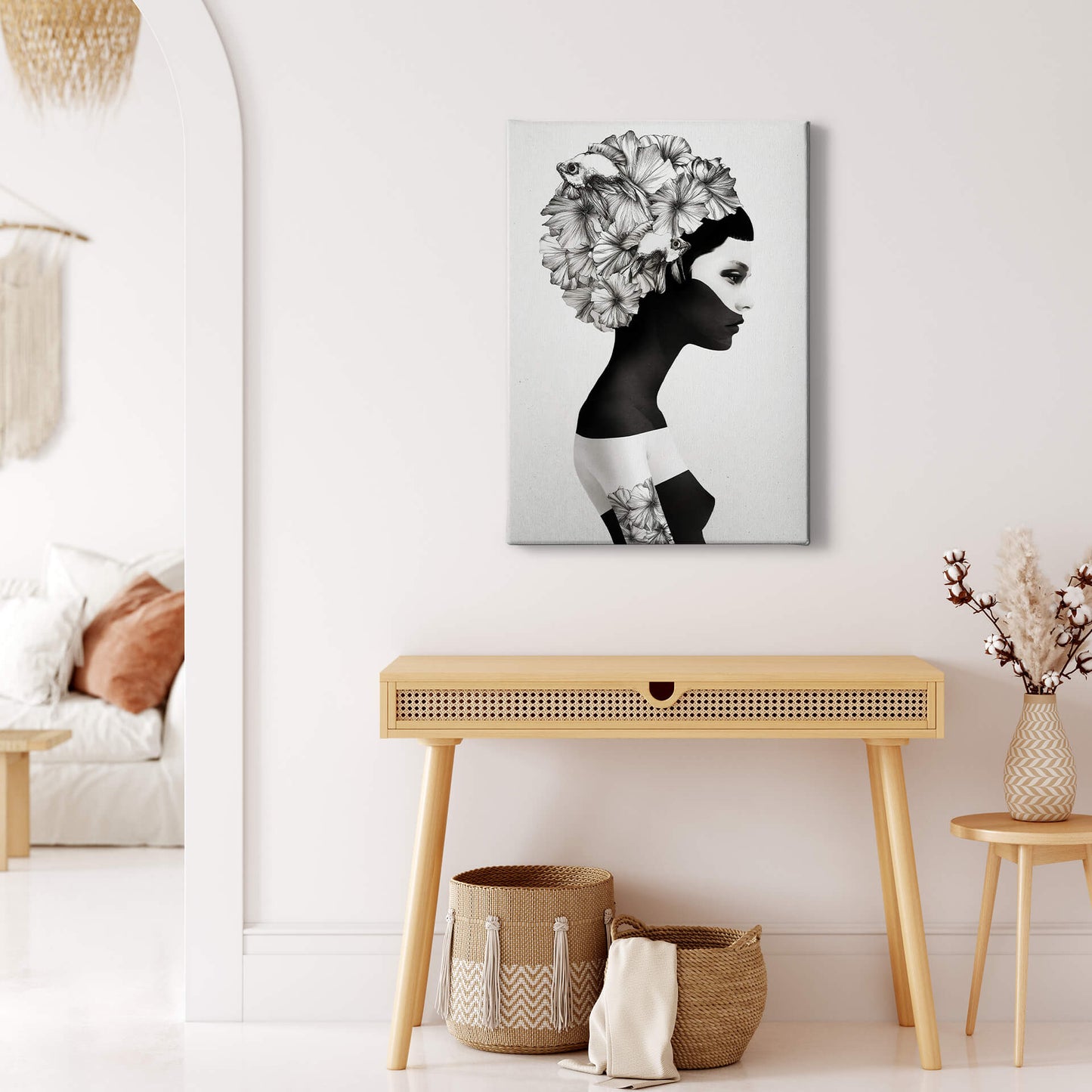 Frau Leinwandbild Weiß Schwarz 50x70 DD123173 Keilrahmen Wandbild Leinwand