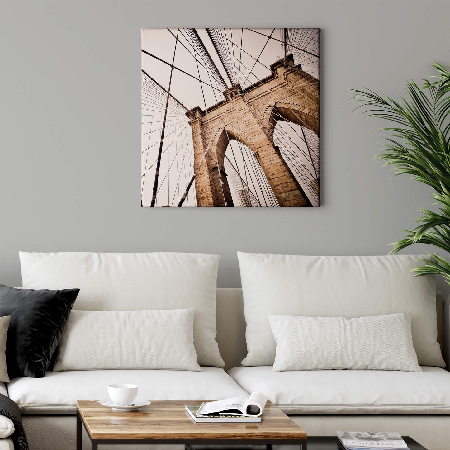 Leinwandbild Brooklyn Bridge Beige Weiß Schwarz 50x50 DD123292 Wandbild Leinwand