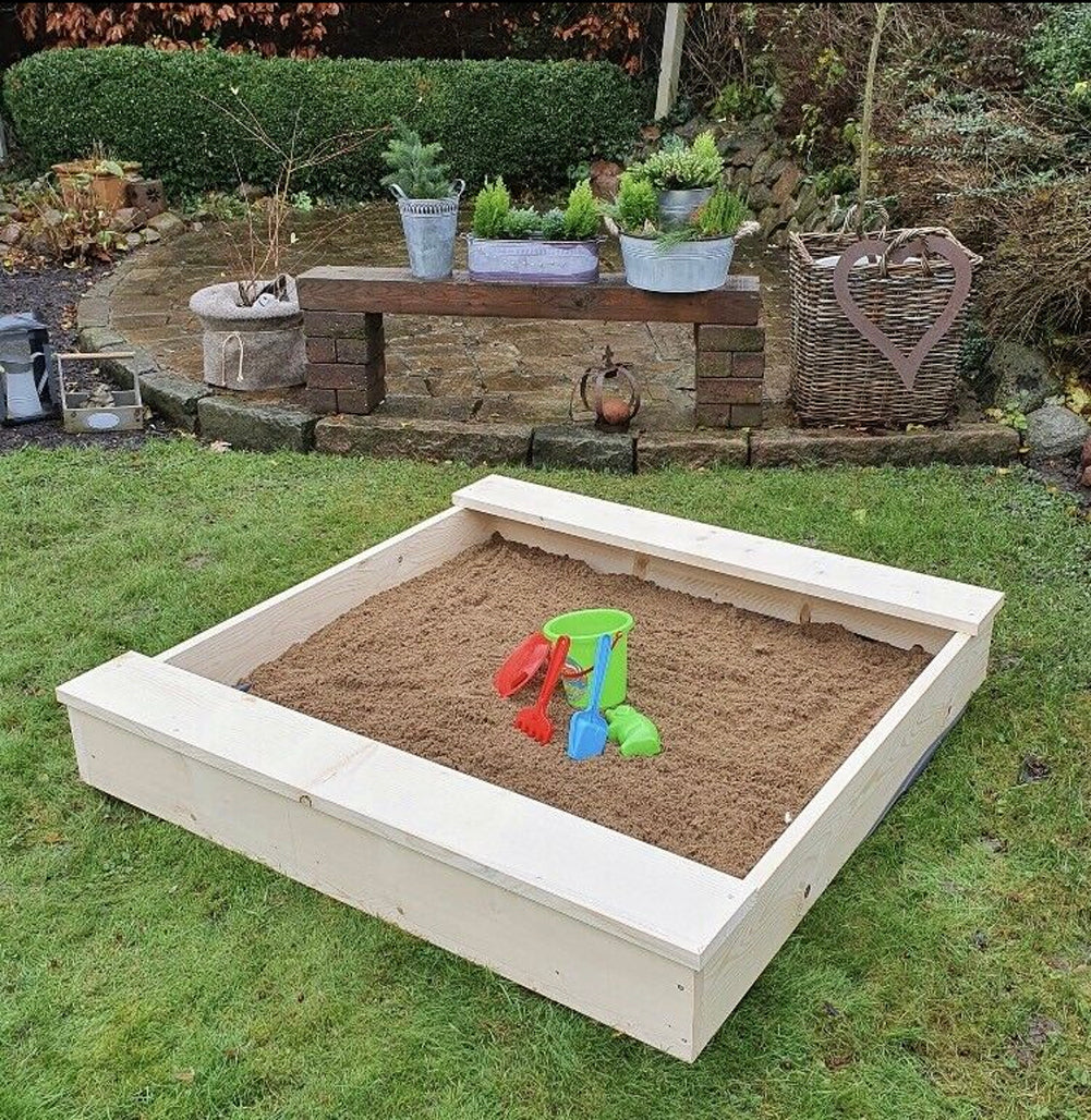 Sandkasten 130x130 cm Holz Natur mit Sitzbänken Sandbox Sandkiste Matschfach